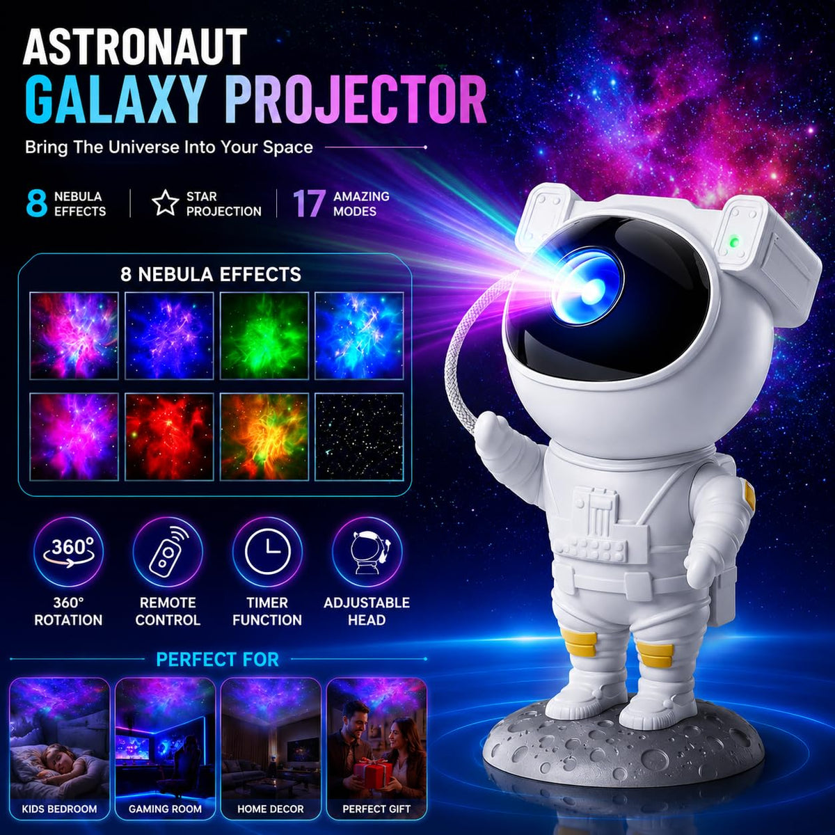 Galaxy Star Projector Night Light – 360° Nebula Lamp