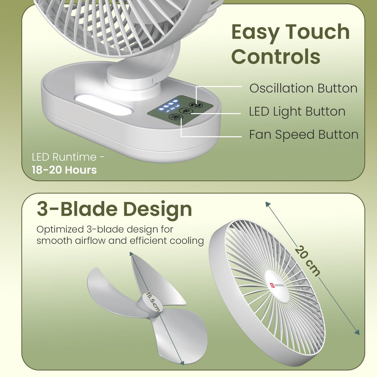 Portable Rechargeable Desk Fan With Oscillation & Tilt