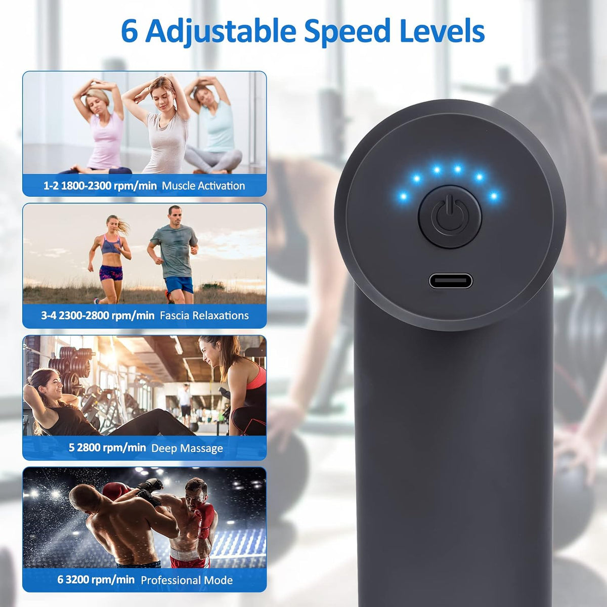Portable Quiet Massage Gun – 6 Speeds & 4 Heads