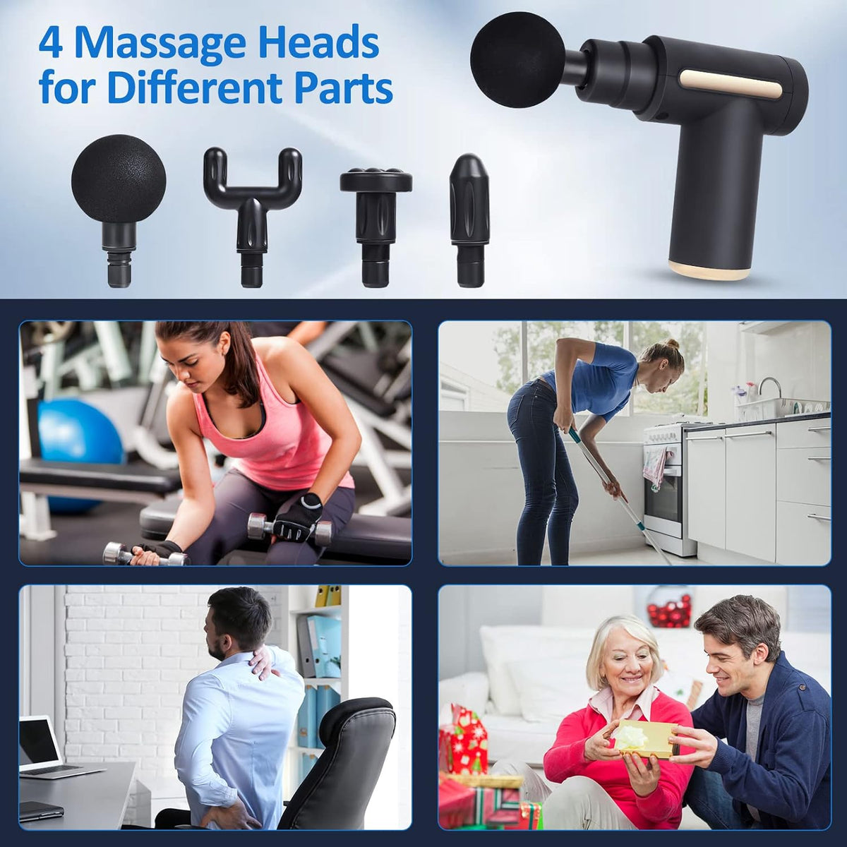 Portable Quiet Massage Gun – 6 Speeds & 4 Heads