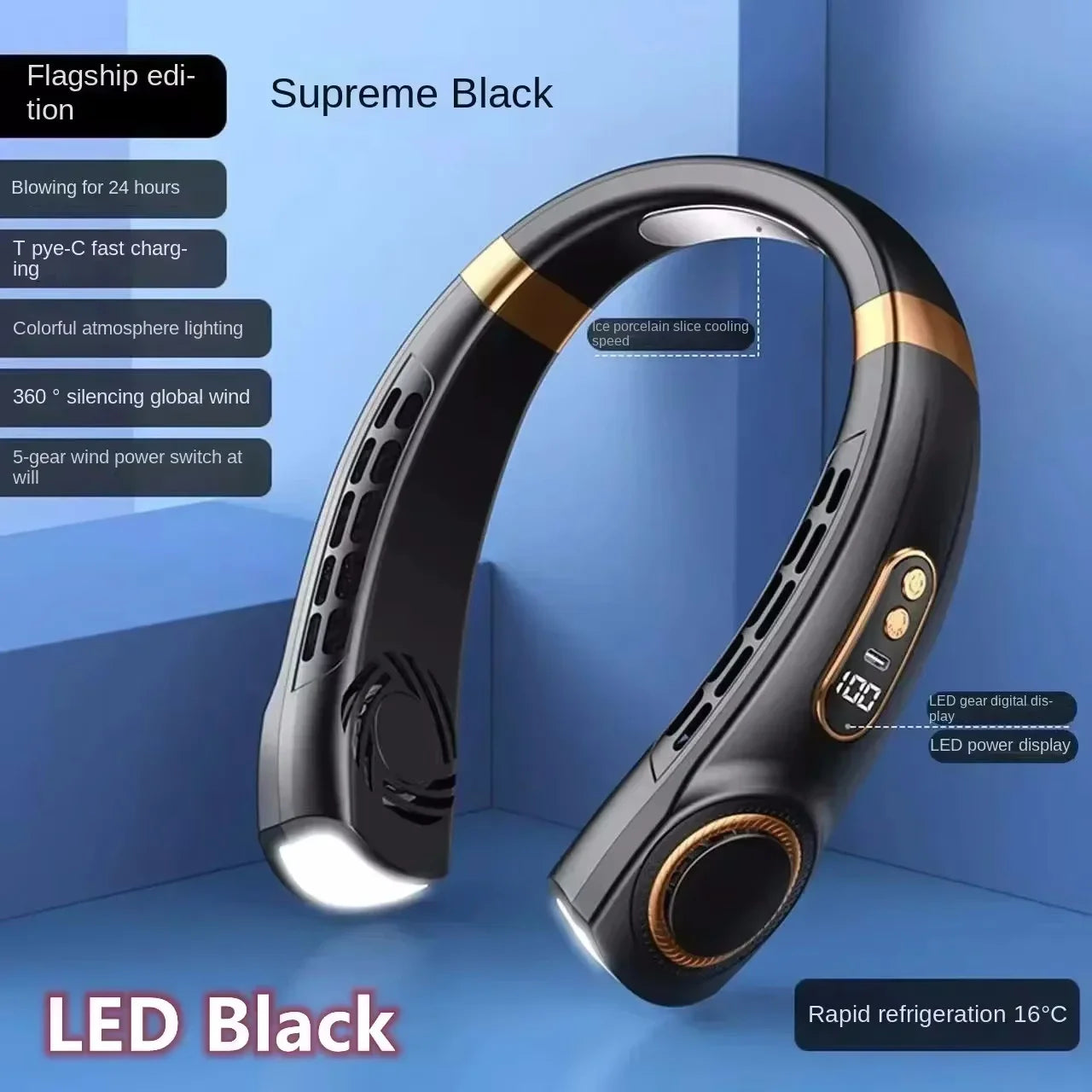 LED Black Color 8000mAh Bladeless Neck Fan With LED Display