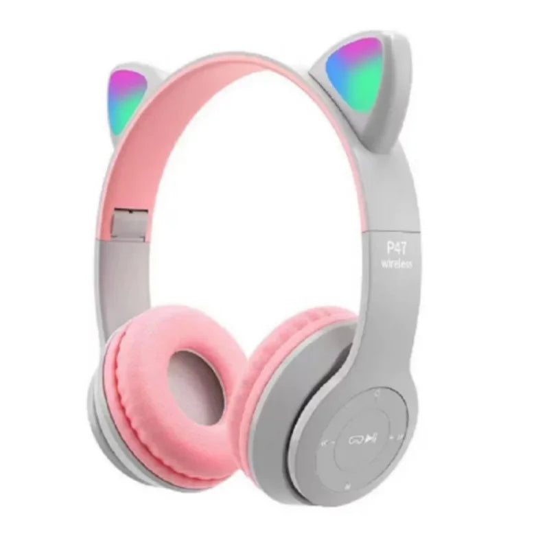 gray Color Cat Ear Bluetooth Headphones With Glowing Headband