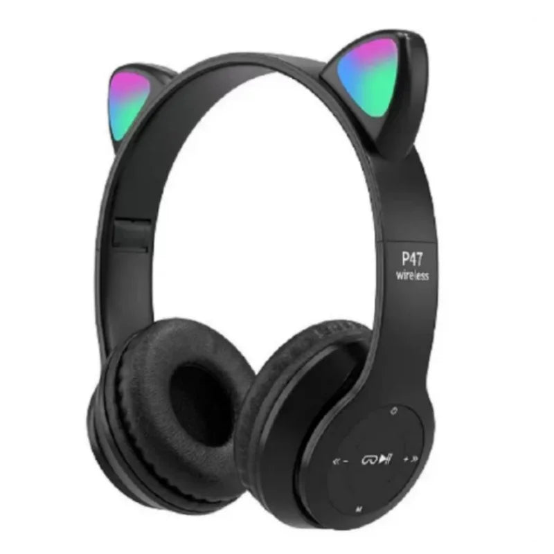 black Color Cat Ear Bluetooth Headphones With Glowing Headband