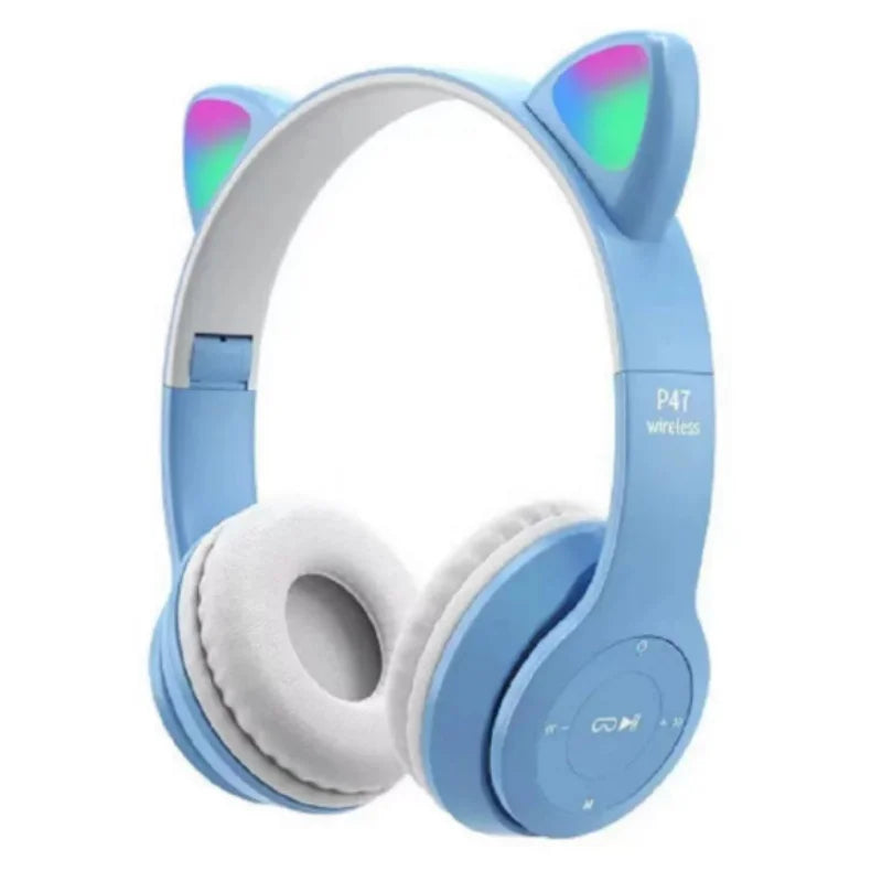 blue Color Cat Ear Bluetooth Headphones With Glowing Headband