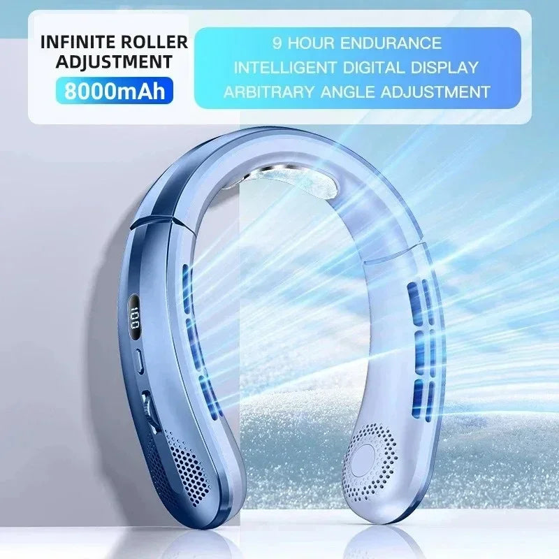 Blue Color 8000mAh Bladeless Neck Fan With LED Display