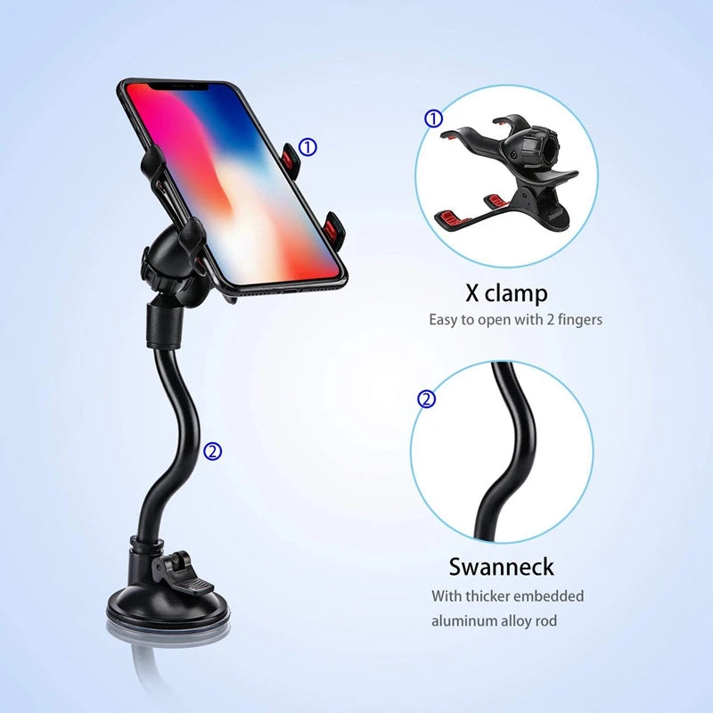 360° Suction Car Phone Holder – Flexible Long Arm Mount
