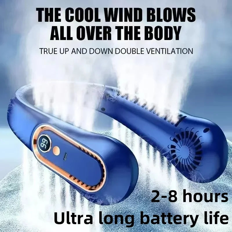 D03 Blue Color 8000mAh Bladeless Neck Fan With LED Display
