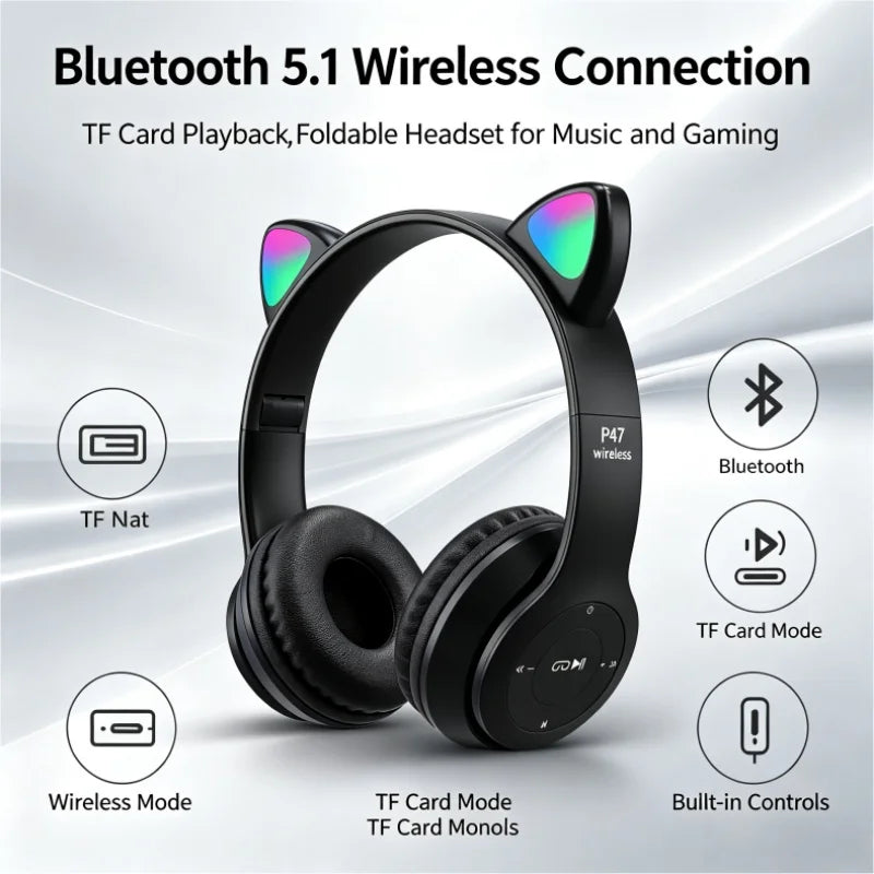 Cat Ear Bluetooth Headphones With Glowing Headband