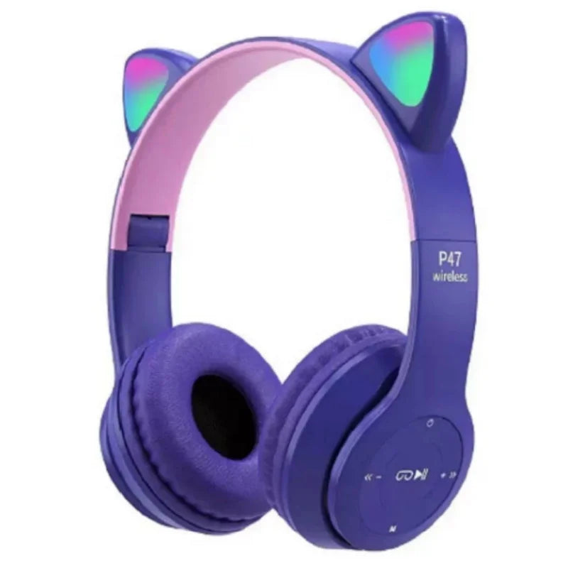 purple Color Cat Ear Bluetooth Headphones With Glowing Headband