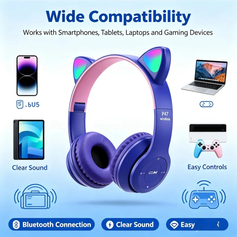 Cat Ear Bluetooth Headphones With Glowing Headband